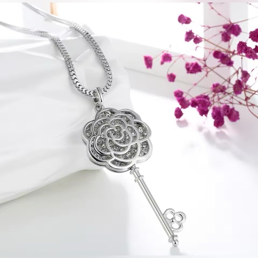 925 Sterling Silver Camellia Blossom Key Long Chain Necklace w/ Zircon Accents - Picture 6 of 11